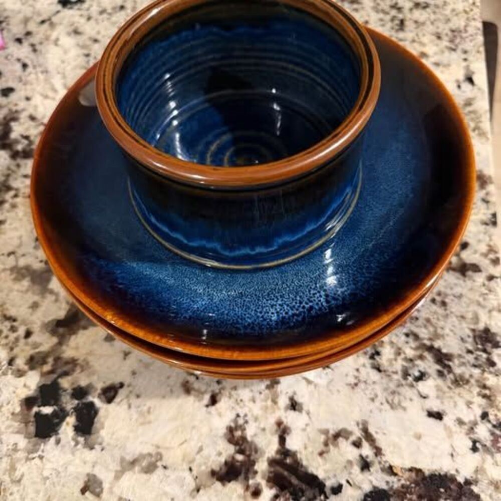 Set of West Elm plates + handmade bowl/cup, like new